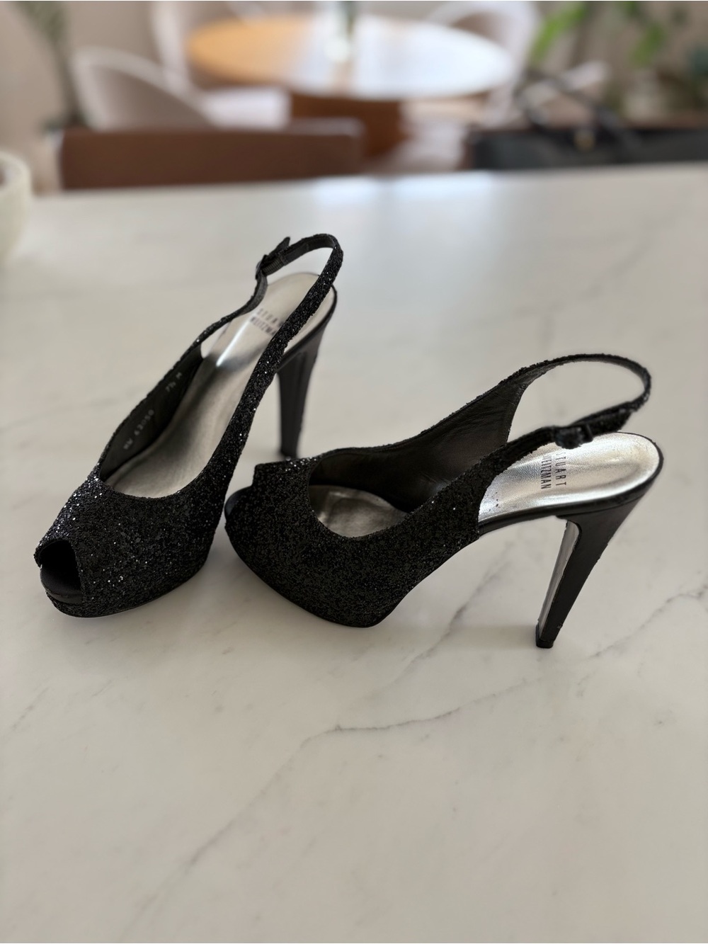 Stuart Weitzman Womens Black Glitter Peep Toe Slingback Platform Heels Spain
